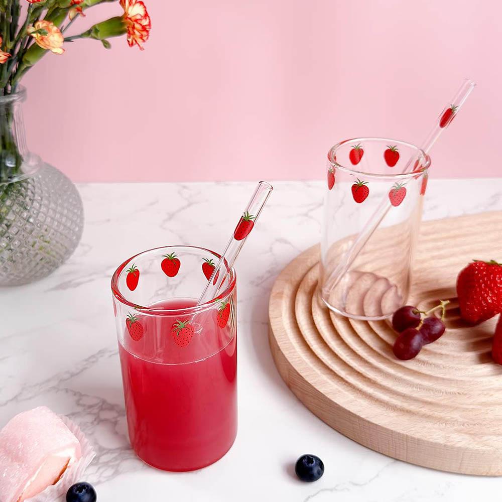 Cute Glass Strawberry Cups 300ML Straw Glass cups,Cute Strawberry Pattern Glass Bottles for Water Milk Tea,coffee Juice Tea Cups