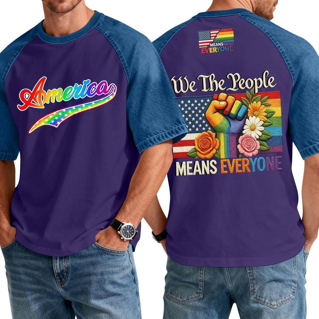 Men's Casual Short Sleeve T-Shirt Denim Patchwork Comfortable Fit Crew Neck Top with Printed Graphic Design Suitable for Everyday Wear