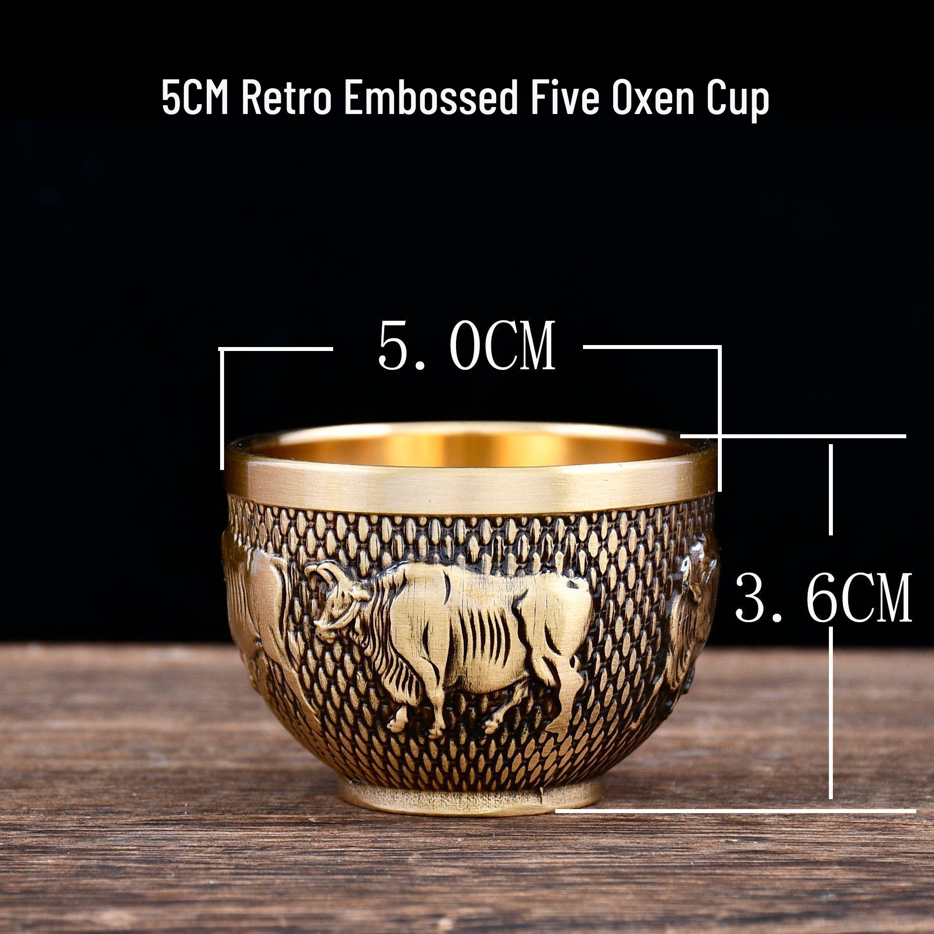 Brass Embossed Five Oxen Tea and Wine Cup Set Ornament