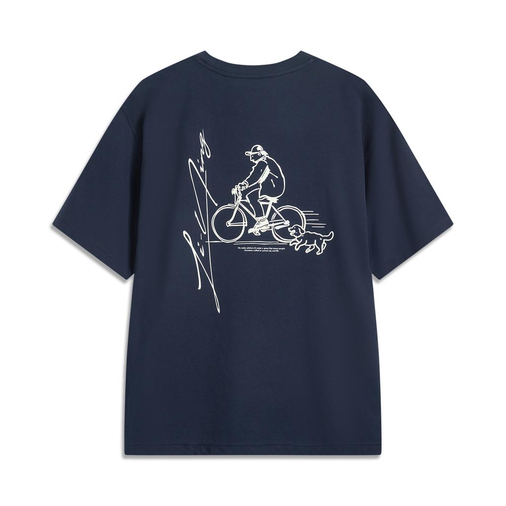 Li-Ning Comfortable Casual Simple Moisture-Wicking Printed Drop-Shoulder Loose Short Sleeve T-Shirt Unisex Tops Deep-Dark-Blue AHSV177-4