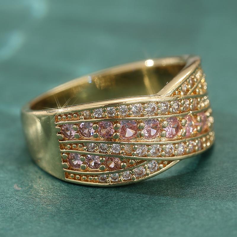 Elegant Golden Color Cross Band Ring Female Bright Synthetic Pink Zirconia Fashion Rings Women Luxury Finger Accessories