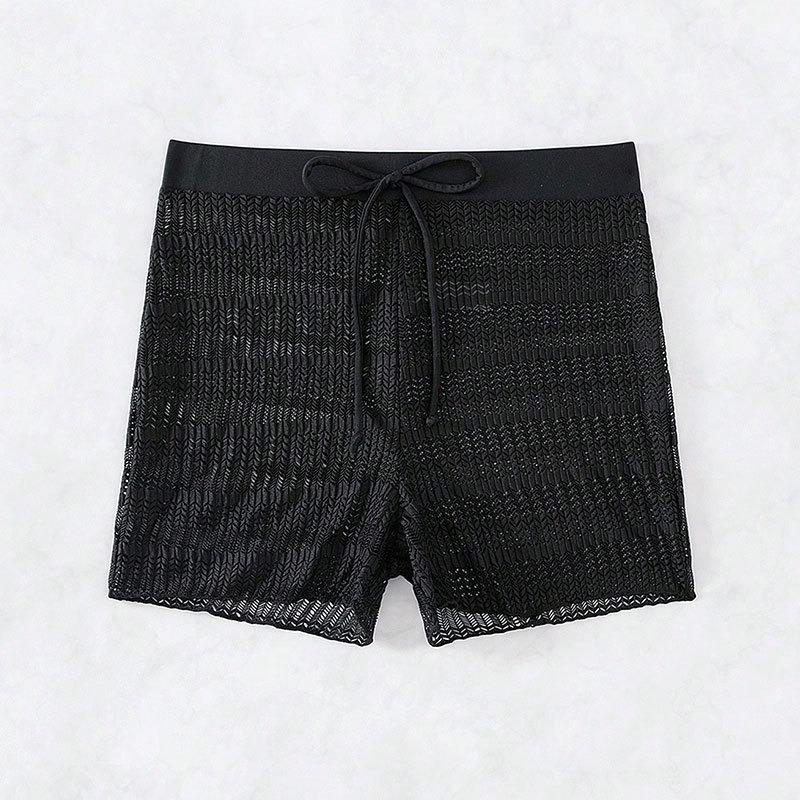 Women High Waist Knit Beach Shorts Black Sheer Mesh Hollow Out Swim Shorts with Drawstring