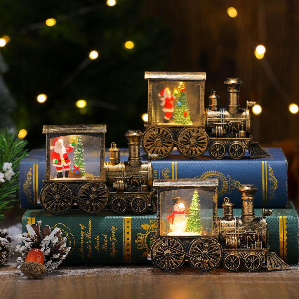 Creative Gold-Brushed Christmas Locomotive Ornament with Luminous Water-Filled PVC Night Light