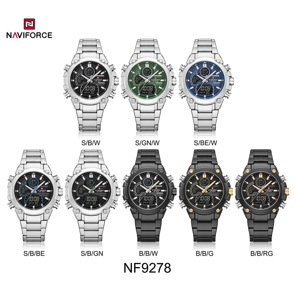 Naviforce Men Dual Time Watch Quartz Movement LCD Digital Chronograph Luminous Hands Stainless Steel Strap Waterproof Men Watch NF9278