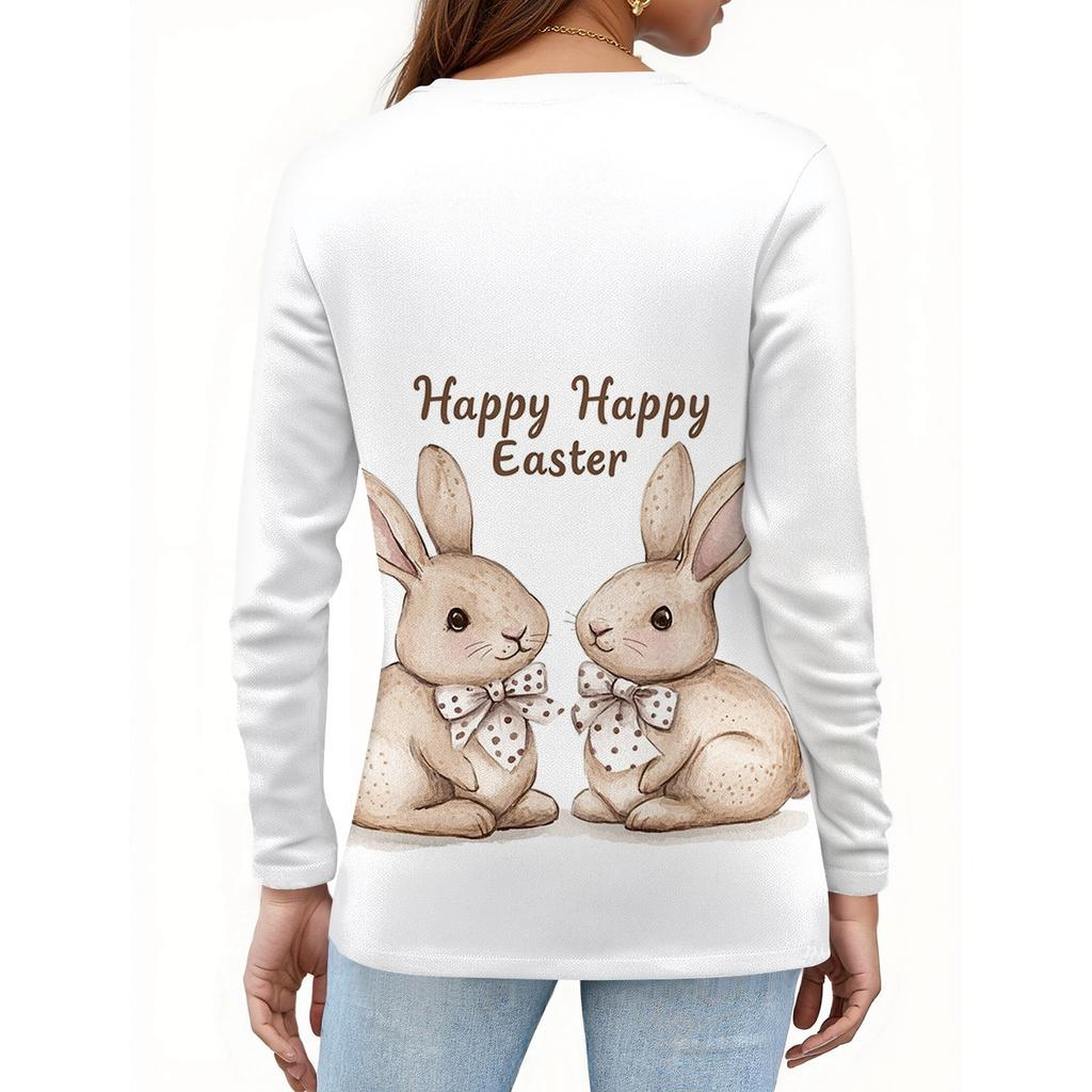 Damska modna, swobodna, rozcięta na dole, okrągły dekolt, długi rękaw, luźny, nadrukowany T-shirt