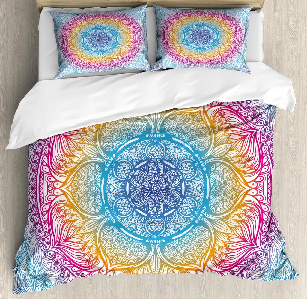 Mandala Duvet Cover Set Boho Style Ethnic Colorful Spring Garden Themed Multicolor Polyester Bedding Set Double Queen King Size