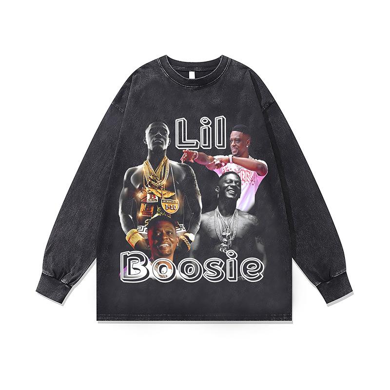 Hip Hop Rap Portrait Print Vintage Washed Long Sleeve T-Shirt Fall And Winter Loose Cotton Crew Neck Base Shirt For Men