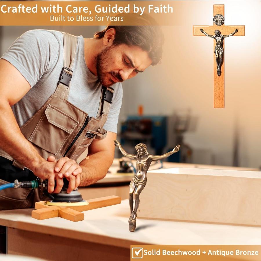 ACHIBANG 10" Crucifix Wall Cross Catholic Wooden Wall Cross with Jesus and Saint Benedict Medal for Home or Prayer Room Catholi