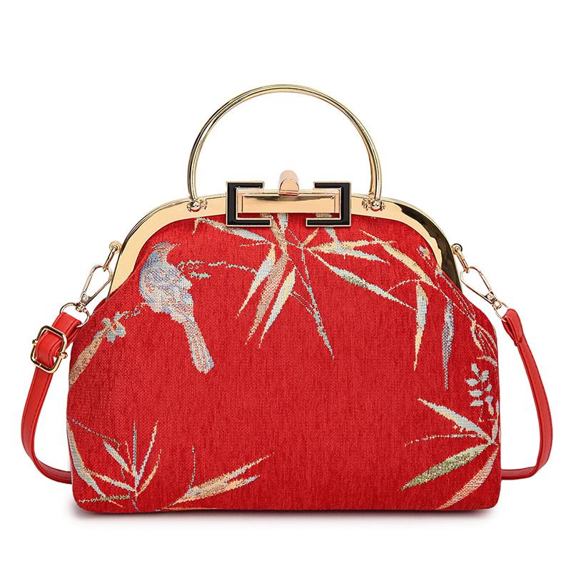 Boho Chic Floral Embroidered Shoulder Bag for Women Metal Handle Purse with Chain Strap Party Gift