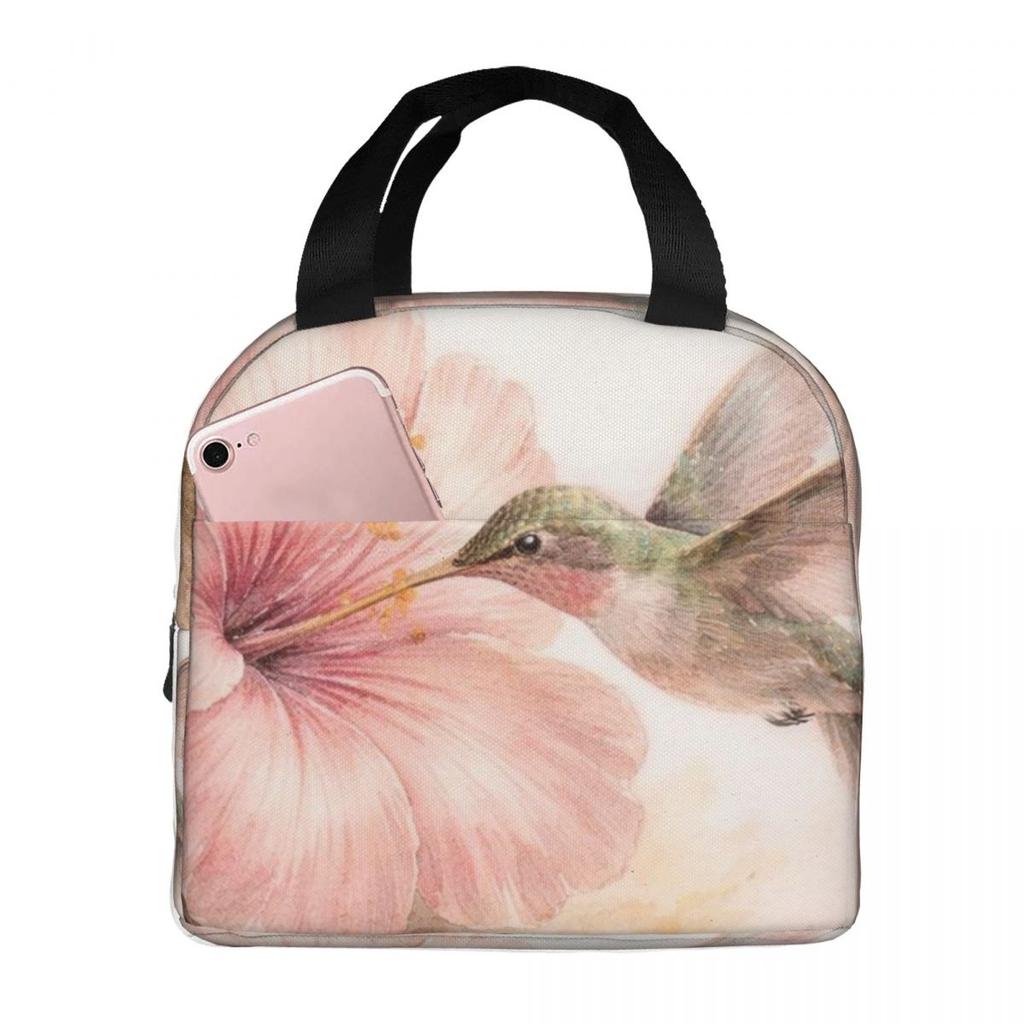 Fågel Rosa Blomma Vintage Mönster Isolerad Lunchväska för Kvinnor Barn Bärbara Matlådor Termisk Lunchlåda Tote