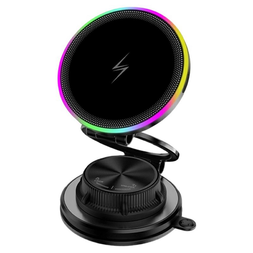 

K8 15W MagSafe-Compatible Wireless Car Charger Mount 3-Fold Rotatable Magnetic Phone Holder with RGB Light Vacuum Suction Dashboard Stand