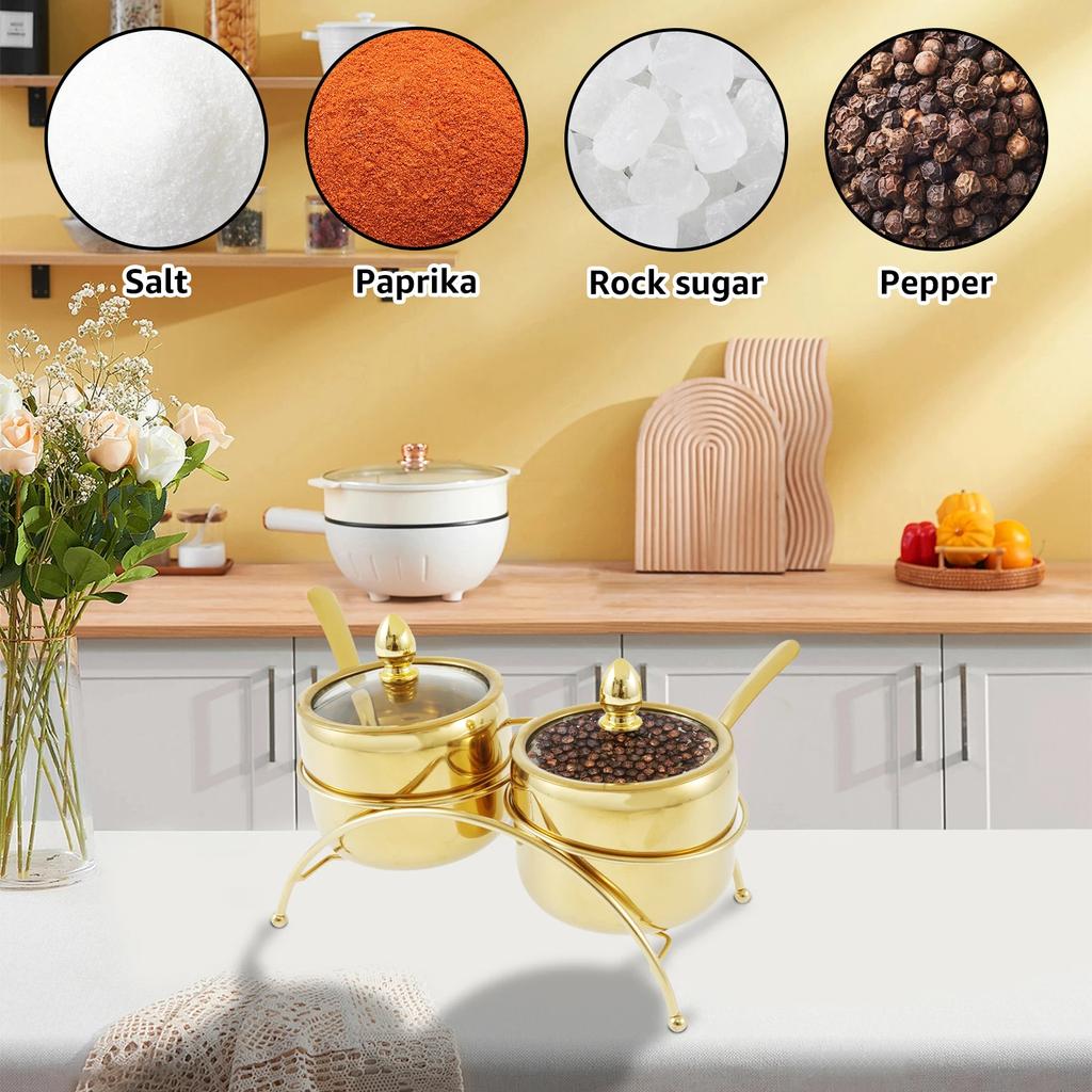 Stainless Steel Sugar Bowl Set with Clear Glass Lid Bracket Rustproof Seasoning Box Reusable Smooth Condiment Pots for Salt