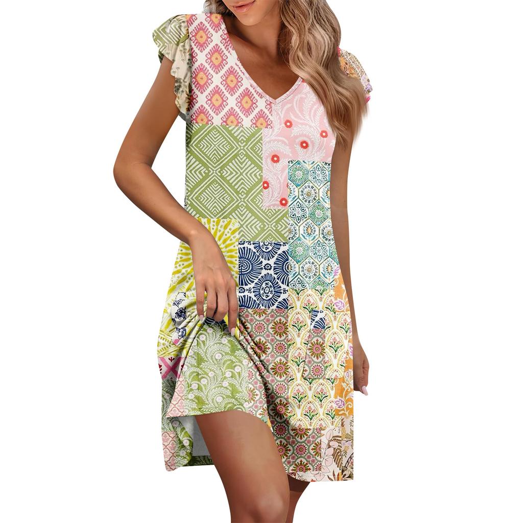 Womens Summer Dress Ruffle Sleeve V Neck Short Dresses Fashion Casual Flowy A Line Swing Sundress With Pocket