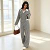 Women's Casual Striped Collar Long Sleeve Top and Straight Wide Leg Pants Set