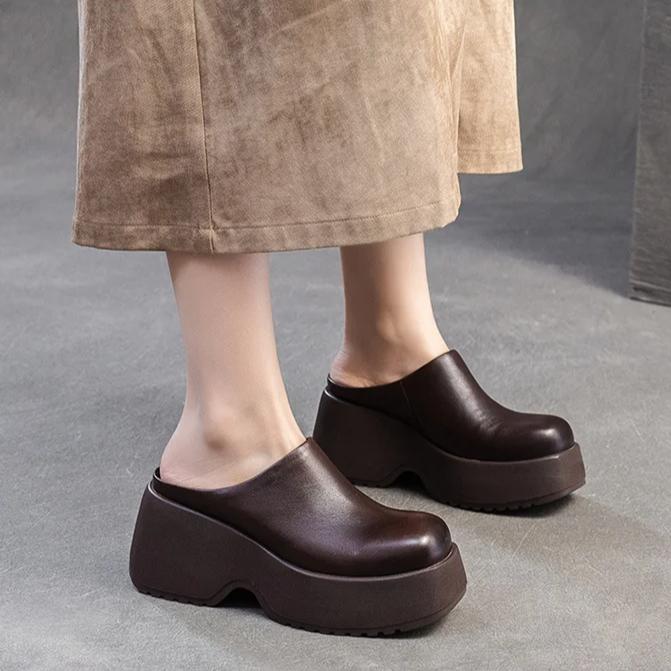 Johnature Pantofle na klínu s tlustou podrážkou Retro originální kožené jednobarevné dámské boty na platformě