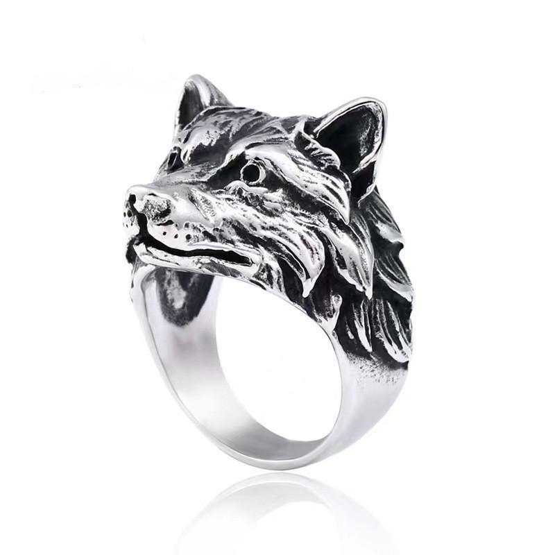 Anello Testa di Lupo Vintage Uomo Donna Fascia Aperta Regolabile Argento Sterling Retro Punk Hip Hop Gioiello Statement