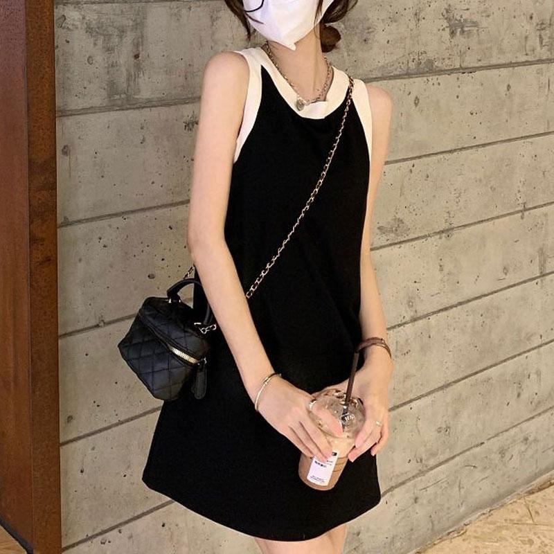 American Retro Patchwork Mini Dress Summer Contrasting Colors Stylish Sleeveless Women's Clothing O-Neck Casual A-Line Dresses