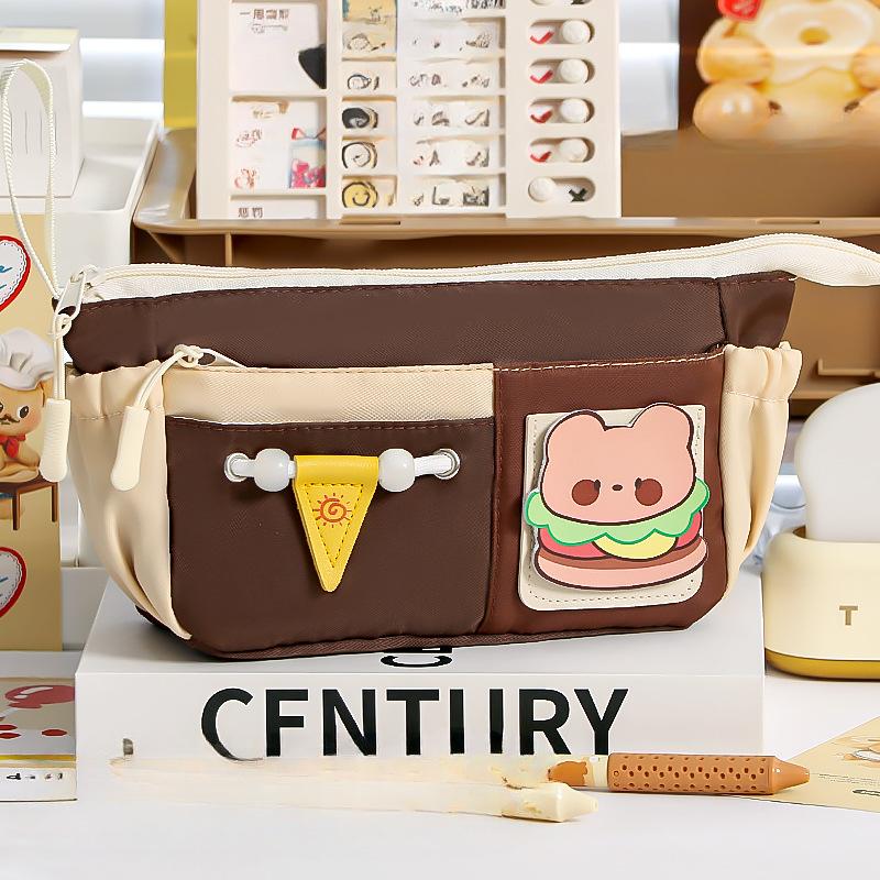 Cartoon Bear Retro Burger Color Blocked Pencil Bag Multi Functional Cute High Beauty Large Capacity Stationery Box Pencil Bag