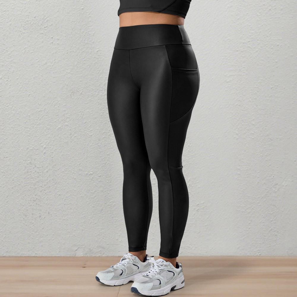 Spodnie ze skóry PU plus size w stylu kieszeniowym, casualowe legginsy z wysokim stanem do jogi i sportu