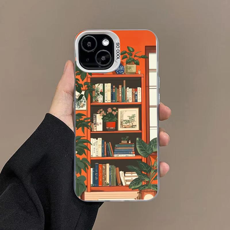 Art Bookshelf And Small Flowers Phone Case For iPhone 17 Pro Max 16 15 Pro 14 13 Mini 12 11 XR XS 17Air Plus Hard Matte Cover