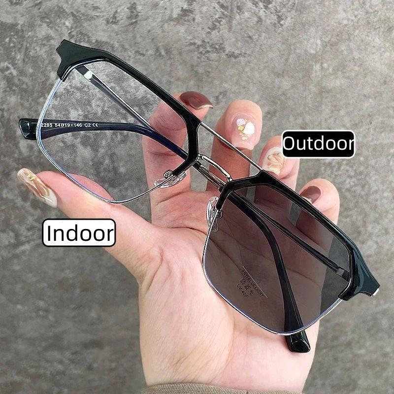 Retro Polygonal Full Frame Photochromic Near Sight Glasses Trendy Metal Double Beam Myopia Glasses Anti Blue Light Glasses