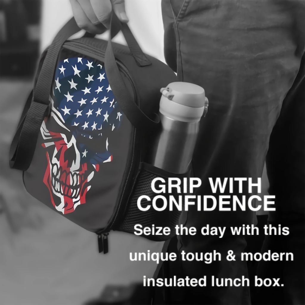 American Flag Skull Head Insulated Lunch Box Leakproof Portable Lunch Bag with Adjustable Shoulder Strap Reusable Cooler Bag