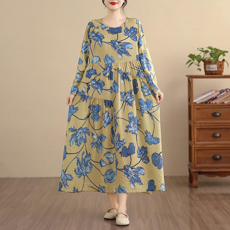 DIMANAF New 2026 Women Long Dress Plus Size Spring Summer Vintage Loose Oversize Long Sleeve Maxi Floral Print