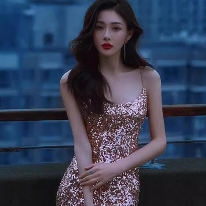 Celebrity Temperament Party Waist Suspender Dress Summer High-end Sequins Birthday Dress Hip Wrap Fishtail Split Skirt