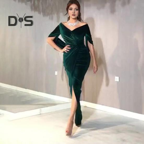 Abendkleid für Damen, schmal, plissiert, schulterfrei, Schlitz am Saum, halbe Ärmel, jährliches Symposium, Hochzeit, Party, Abschlussball, Maxikleid, Ballkleid