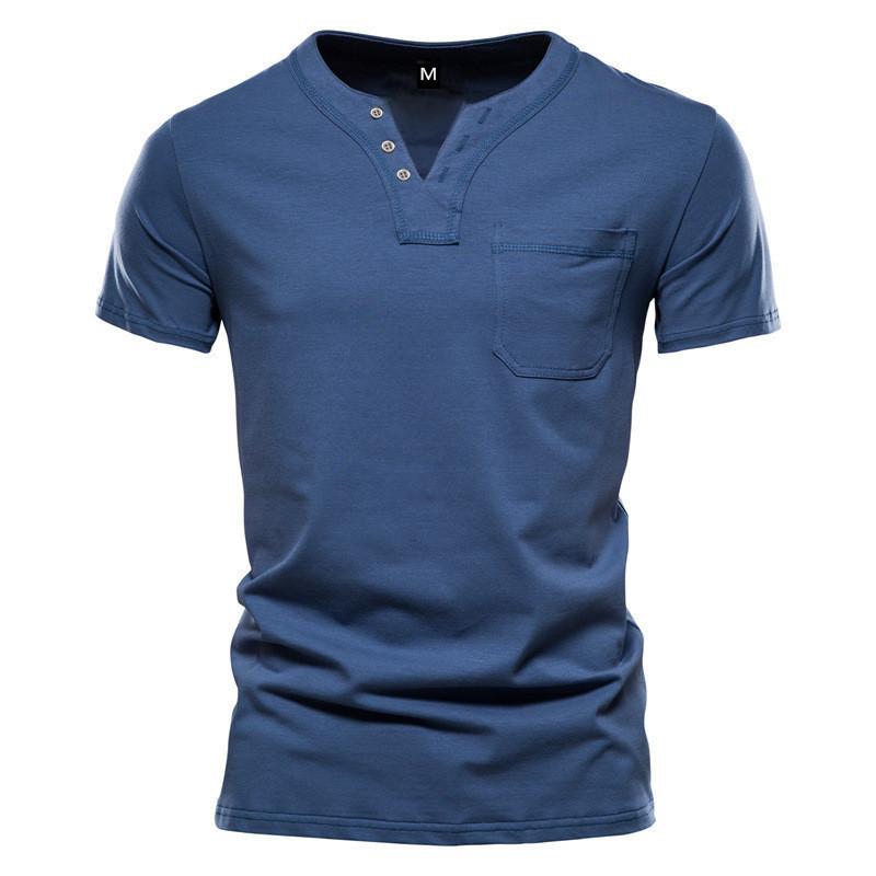 Men's V-neck Short-sleeved T-shirt Youth Casual Slim Sports Henley Solid Color Top