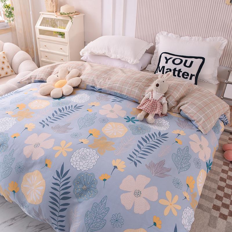 Yellow Tulip Duvet Cover 1Pcs Purple Flowers Pattern 100% Cotton Zipper Quilt Cover Skin-friendly Comfortable Queen Size Bedding