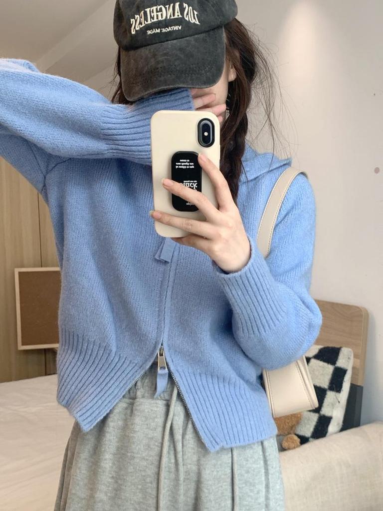Grey Zip-Up Hooded Knit Cardigan - Women's Autumn Shoulder-Length Sweater