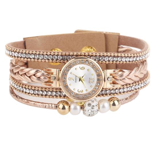 Женские кварцевые аналоговые часы с многослойным плетеным ремешком, украшенные стразами коричневый