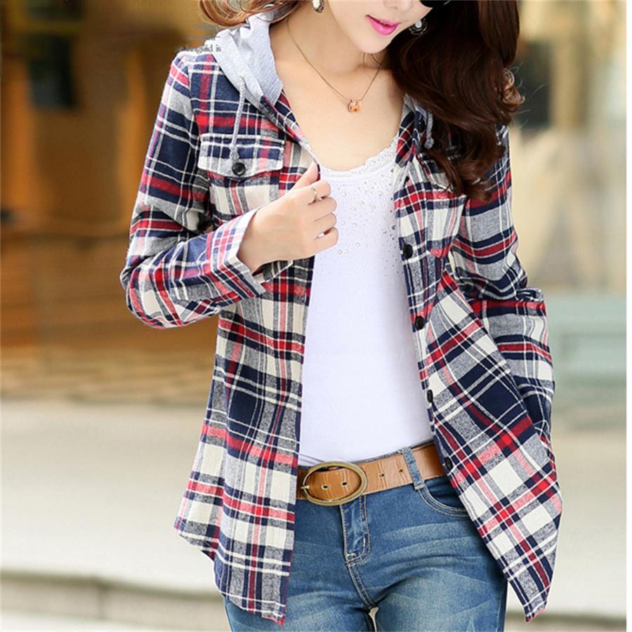 Camicia a quadretti autunno-primavera Top a maniche lunghe in cotone da donna Camicie scozzesi da donna Top slim abbottonati con cappuccio alla moda