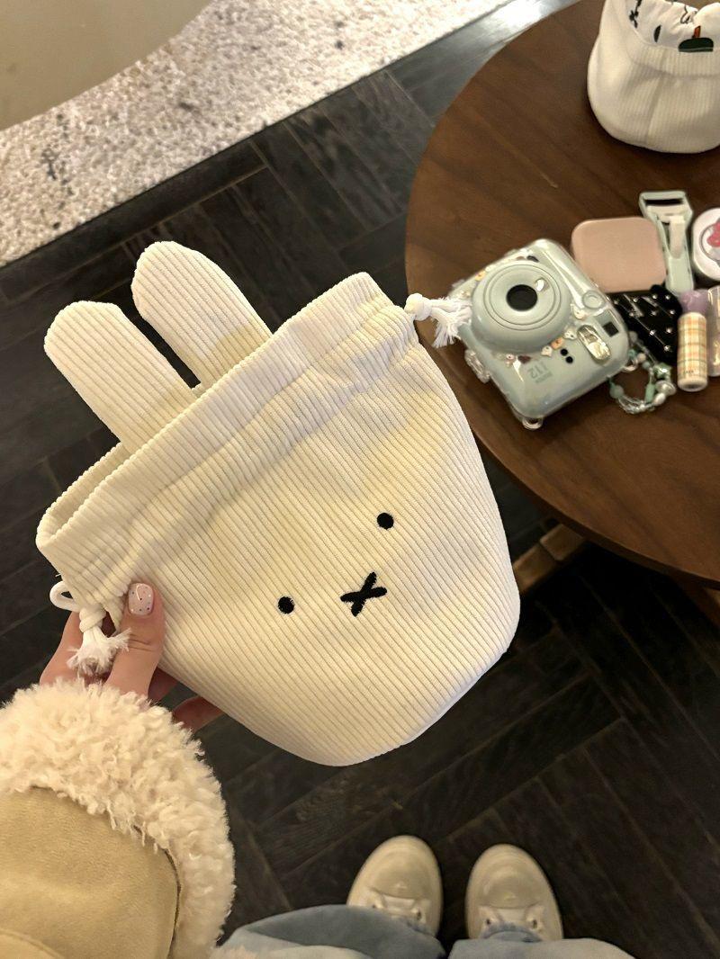 Cute Corduroy Drawstring Storage Bag Large Capacity Portable Makeup Pouch Handbag Kawaii Gift