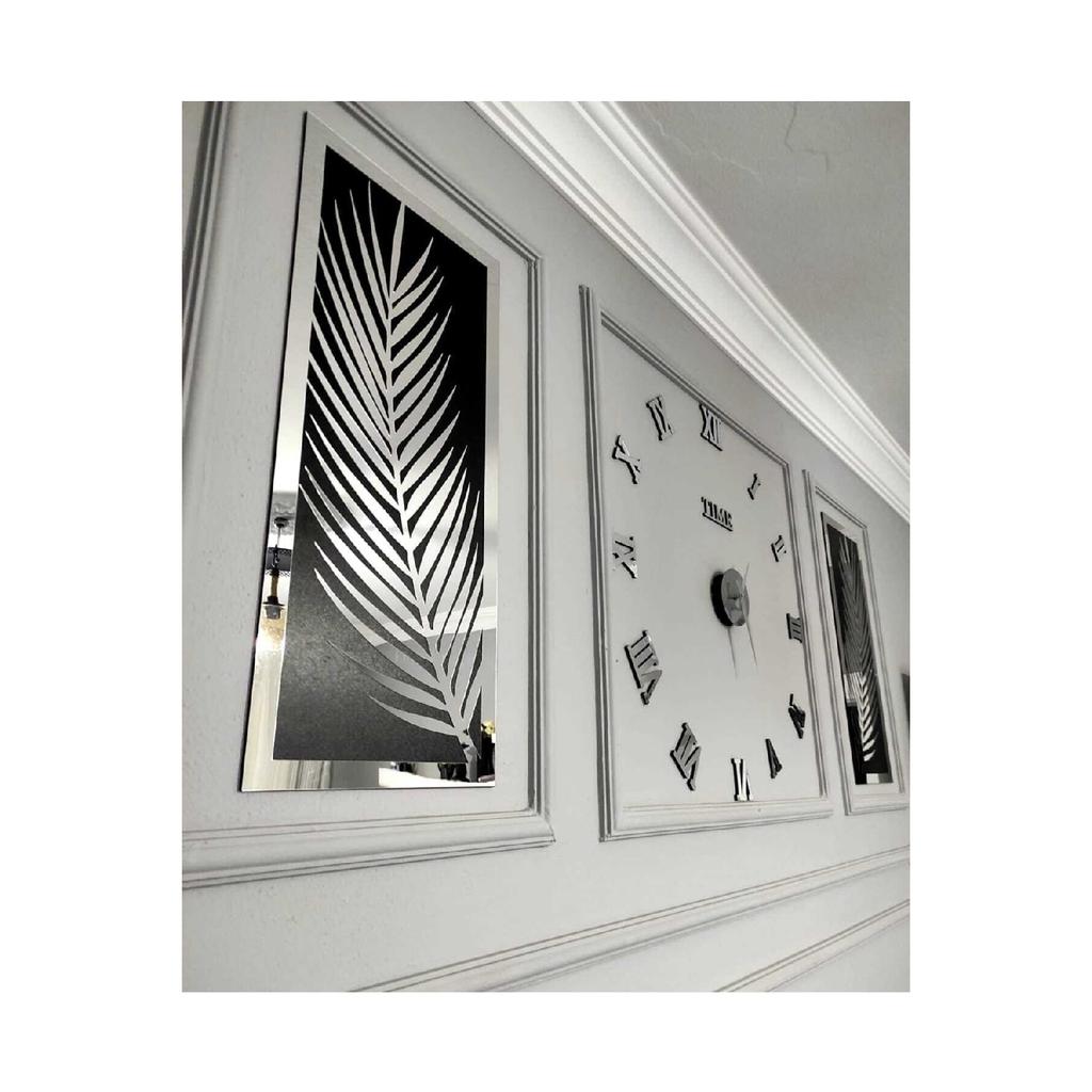 3 Piece Wall Clock Set, Acrylic Plexiglass Mirrored Palm Leaves And Roman R. Clock