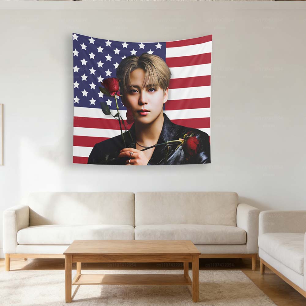 A-Ateez Jongho Kpop Amerikanische Flagge Wandteppich, A-Ateez Kpop Merch Dekoration, Geschenkideen für Atiny