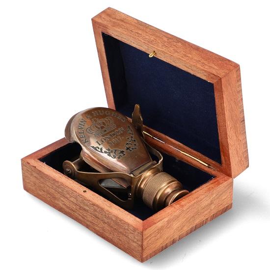 Mosiężny Monokular z Drewnianym Pudełkiem – Styl Steampunkowy, Mini Luneta Szpiegowska, Prezent Kolekcjonerski Marynistyczny