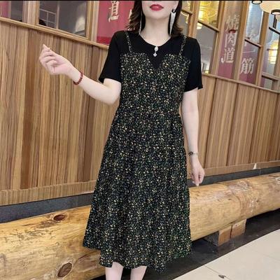 Women's Clothing Broken Flowers Dresses Fake Two Pieces Patchwork Summer Casual Short Sleeve A-Line Commute O-Neck Midi Dress