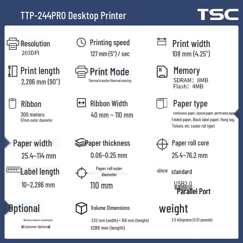 TSC TTP-244Pro Barcode Printer CN plug (adapter included)
