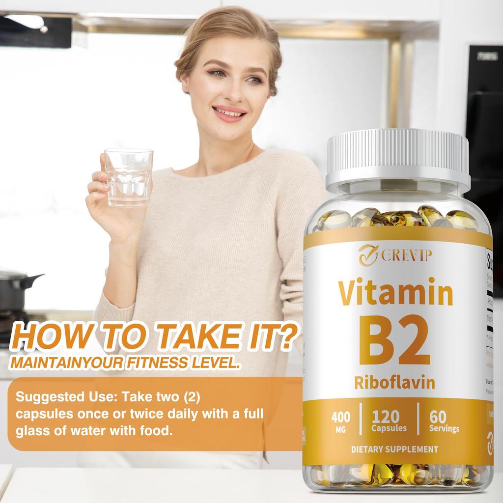 GREVIP Vitamin B2 Riboflavin, 400 mg per serving, supports energy and metabolic health, non-GMO.