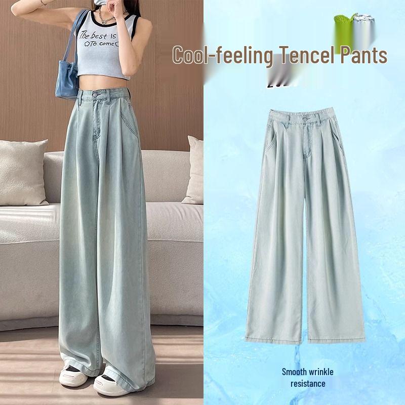 

Women s Light Blue Tencel Wide-Leg Jeans, 2025 Summer Collection – Slimming Ice Silk Drape Straight-Leg Pants S (83-93 lbs)