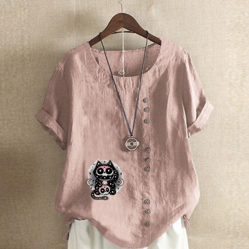 Women's Fashion Round Neck Short Sleeve T-shirt Casual Cotton Linen Graphic Shirt Cartoon Characters Prined Summer Blouse Tops Plus Size