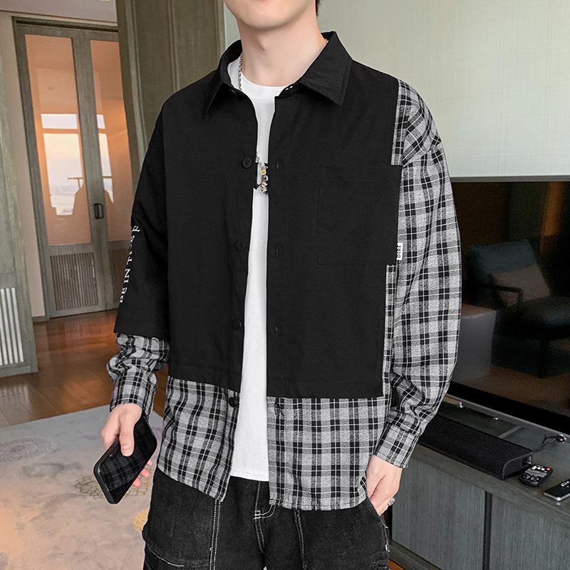 Men's Black Patchwork Striped Shirt, Casual Long Sleeve Button Down Color Block Top for Daily Wear