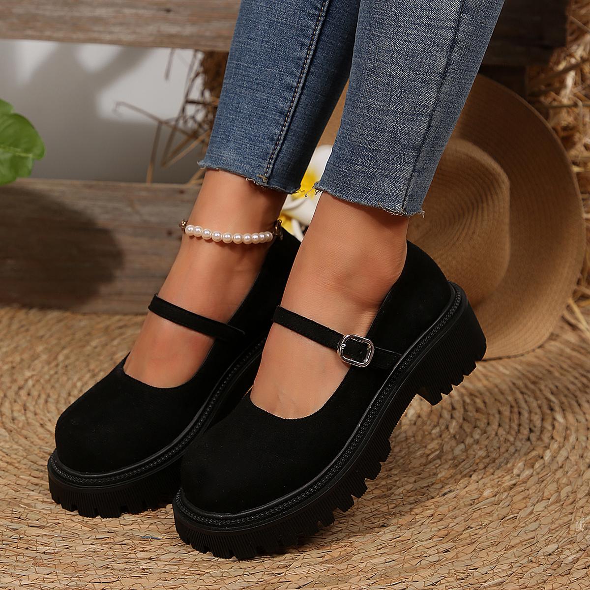 Brown Metal Buckle Mary Janes Shoes Women 2026 Summer Chunky Platform Medium Heels Pumps Women Solid Closed Toe sandals Women 36 чёрный