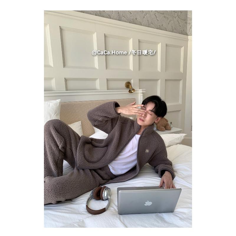 11 Thickened Couple Pajamas Lamb Wool Loungewear Women's Winter Thermal Stand-up Collar Zipper Outer Wear Set