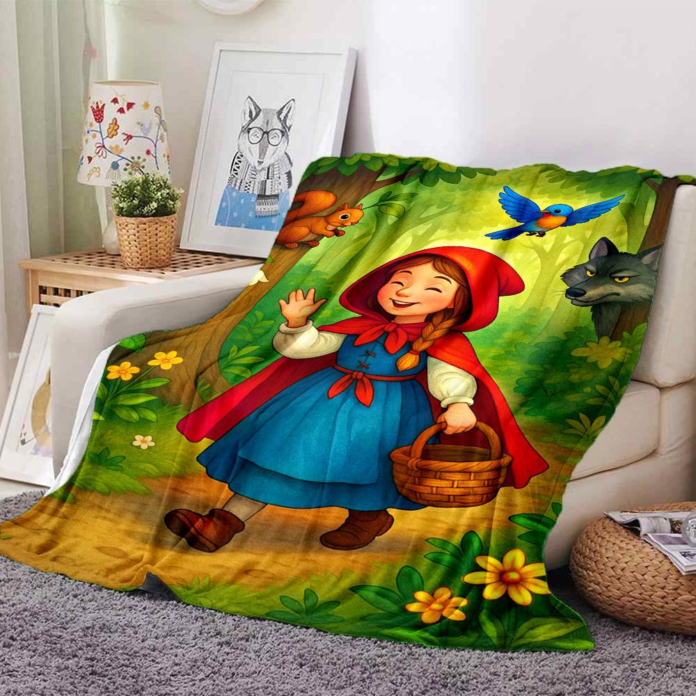 Little Red Riding Hood Cartoon Fairy Tale Print Flannel Throw Blanket—Soft, warm, and cozy; suitable for sofas, beds, and home décor.