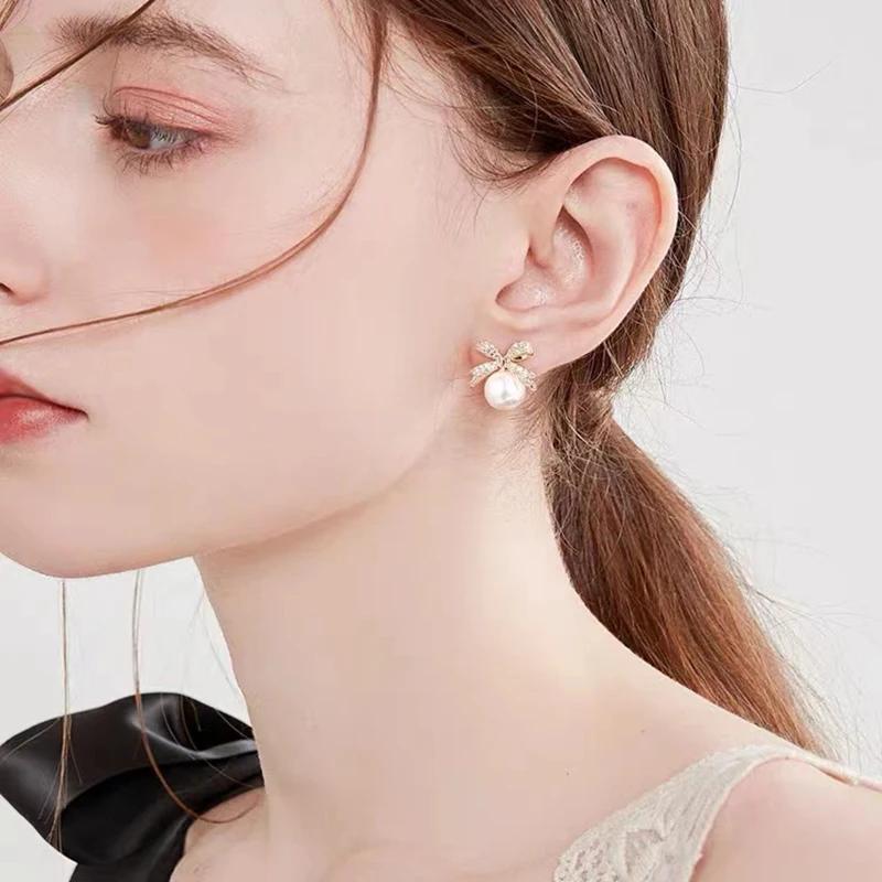 Französisch Elegant Mikro Set Zirkon Schleife Perlenanhänger Ohrringe 2024 Neues Design Zirkon für Damen Mädchen Mode Ohrschmuck
