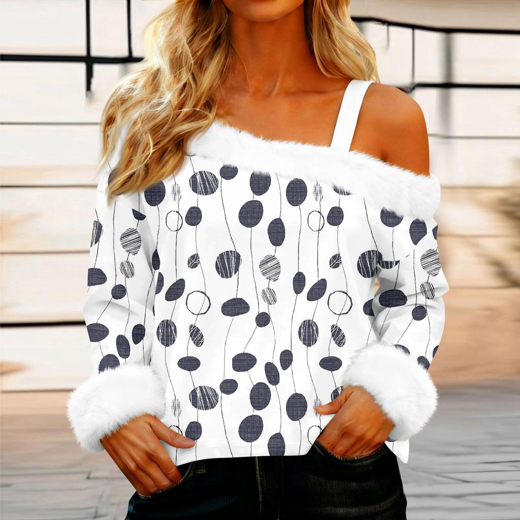 Women's Off-the-shoulder Plush Neck Printed Long-sleeved Pullover T-shirt Top