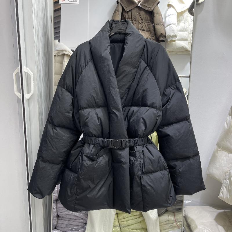 Winter New Cotton Clothes Women's Medium and Long Collar Belt Is Thin and Loose Niche Design Cotton Clothes Jacket Is Trendy